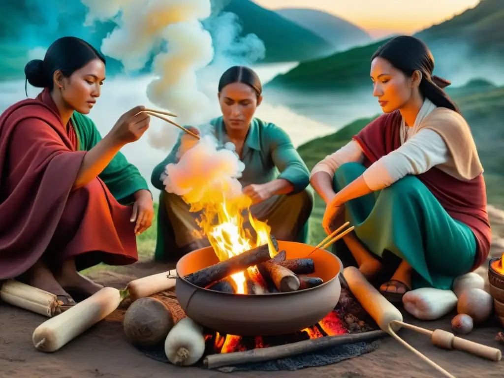 Un grupo de nómadas cocinando con métodos antiguos alrededor de una fogata