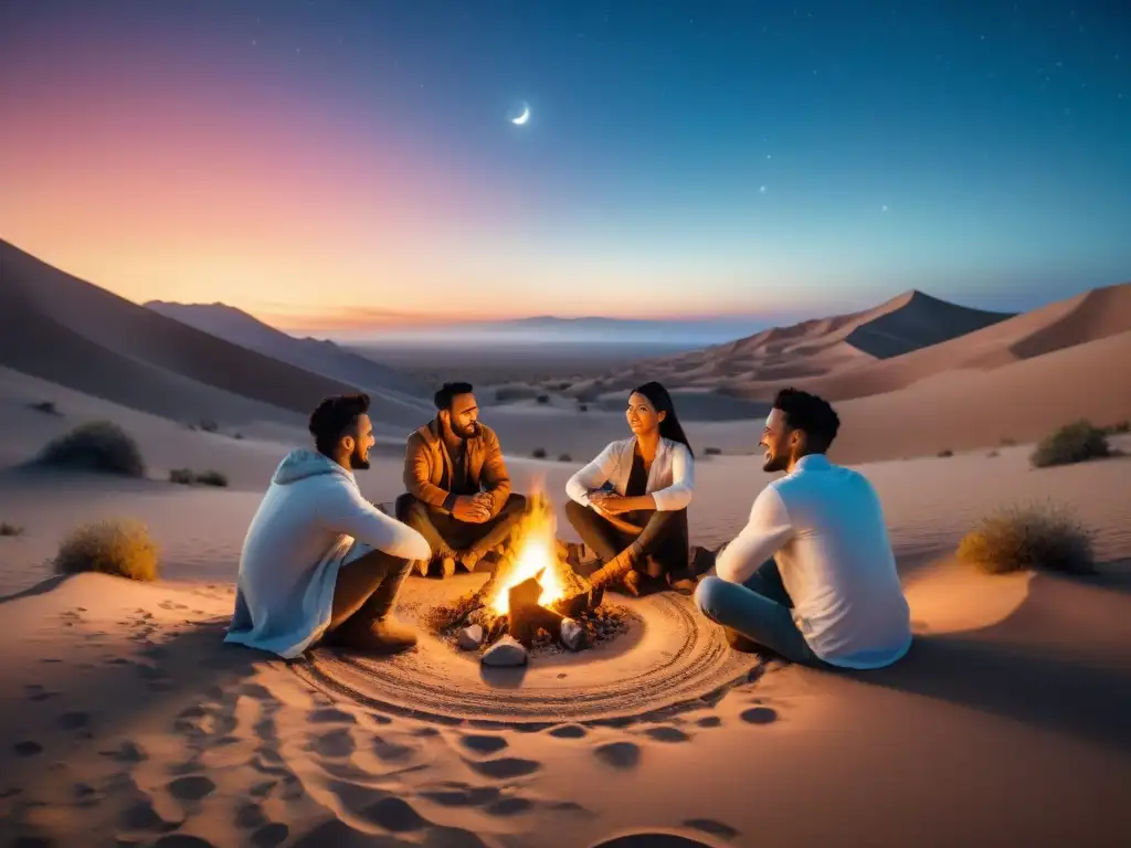 Un grupo de nómadas modernos se reúne alrededor de una hoguera en el desierto bajo un cielo estrellado