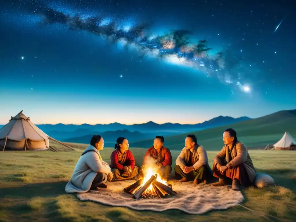 Grupo de nómadas mongoles bajo un cielo estrellado, asombrados por las constelaciones