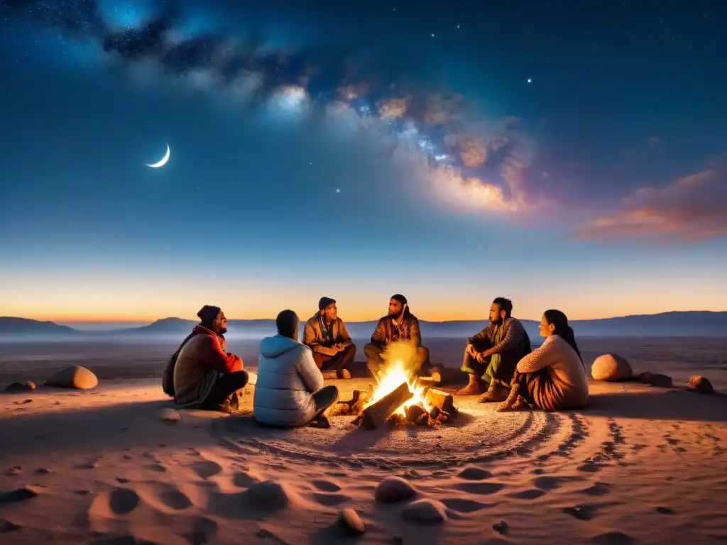 Un grupo de nómadas en la noche alrededor del fuego, compartiendo enseñanzas ancestrales cultura nómada