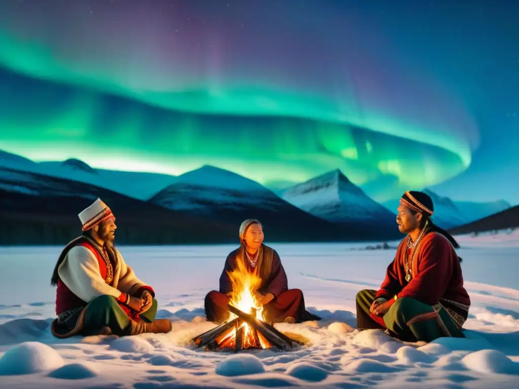 Grupo de nómadas Sami en la noche mágica del Ártico, con auroras boreales y fogata