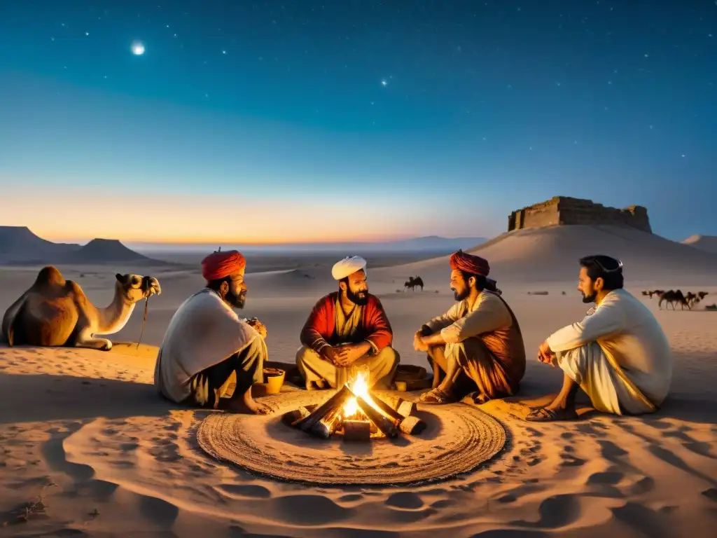 Un grupo de nómadas en la noche, creando tecnología brillante y ancestral