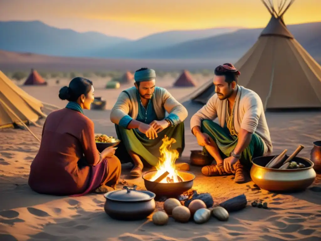 Grupo de nómadas cocinando platos tradicionales en fogata en desierto al atardecer