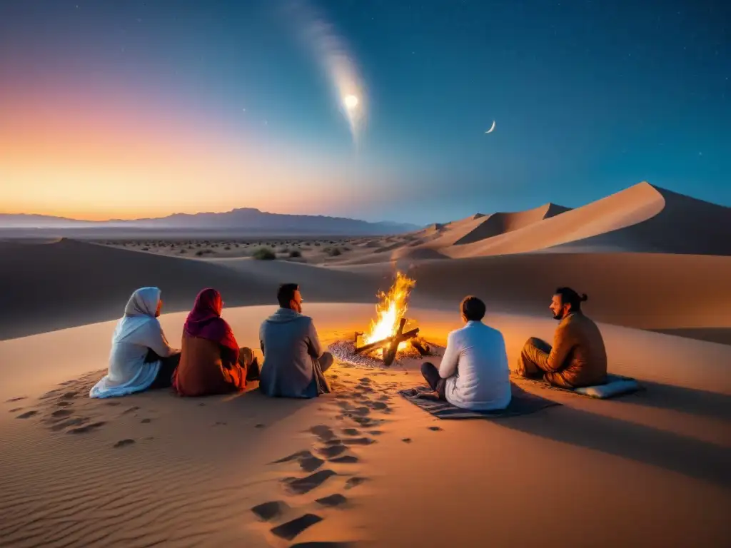 Grupo de nómadas reunidos alrededor de fogata en el desierto, contando historias nómadas transformación narrativa viaje