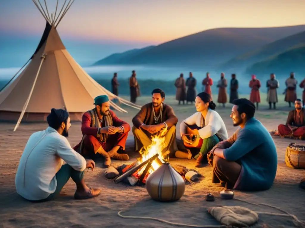 Grupo de nómadas reunidos alrededor de una fogata al atardecer, con juegos y música tradicionales