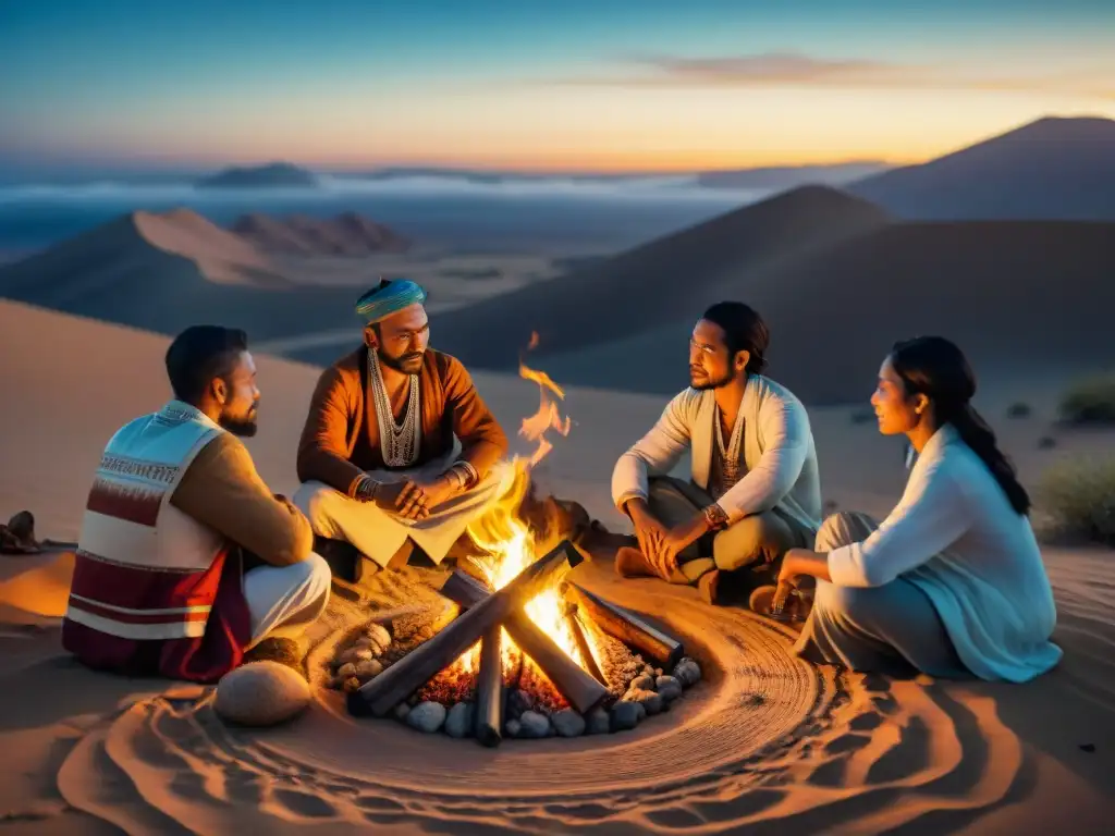 Grupo de nómadas compartiendo sabiduría alrededor de fogata en el desierto al anochecer