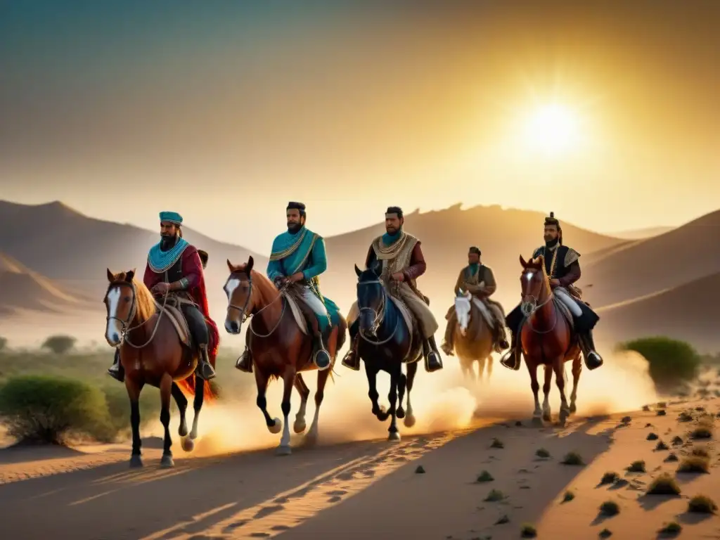 Viaje de los nómadas selyucidas hacia el palacio del sultán Grupo de nómadas selyúcidas a caballo cruzando desierto hacia palacio sultán