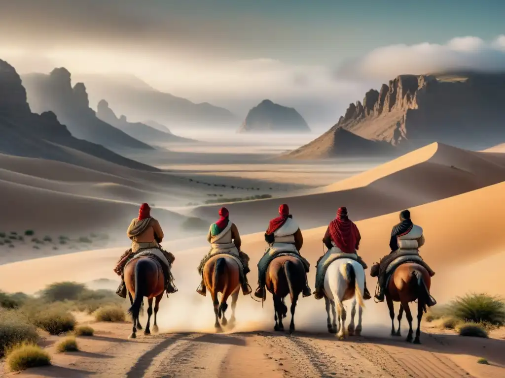 Épica travesía de nómadas selyúcidas en desierto - 8k Un grupo de nómadas selyúcidas atraviesa un desierto árido en caballo