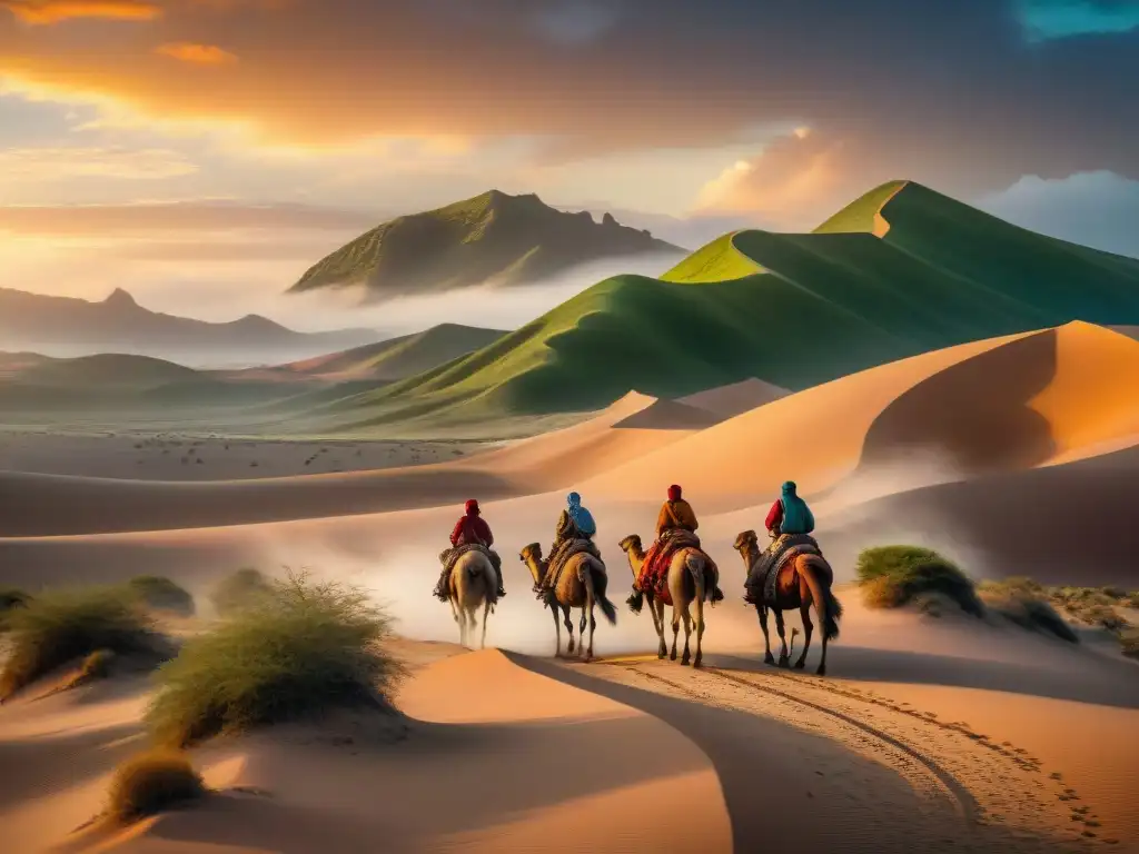Viaje épico de los nómadas Selyúcidas en el desierto Grupo de nómadas Selyúcidas viajando en un paisaje desértico al atardecer
