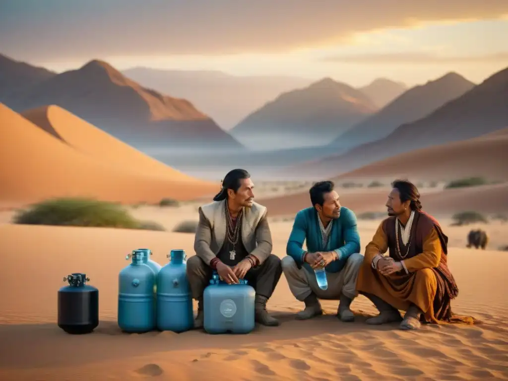 Grupo de nómadas con sistemas purificación agua en desierto al atardecer