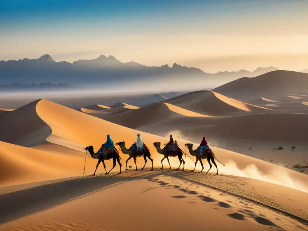 Un grupo de nómadas recorre un vasto desierto bajo el sol abrasador, liderando una caravana de camellos cargados con suministros