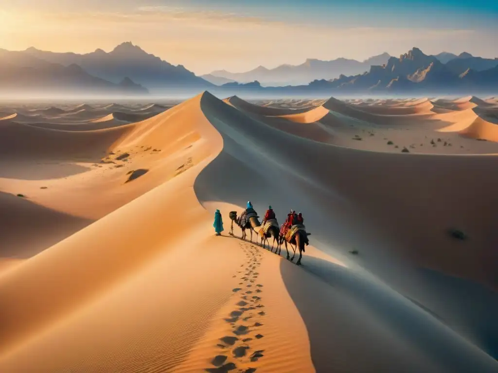 Un grupo de nómadas atraviesa un vasto desierto bajo el sol abrasador, con tiendas y camellos