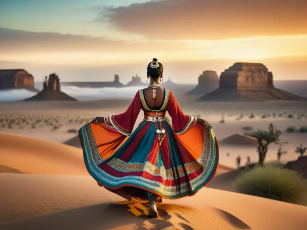 Un grupo de nómadas en vestimentas simbólicas danza en el desierto al atardecer, evocando riqueza cultural y tradición