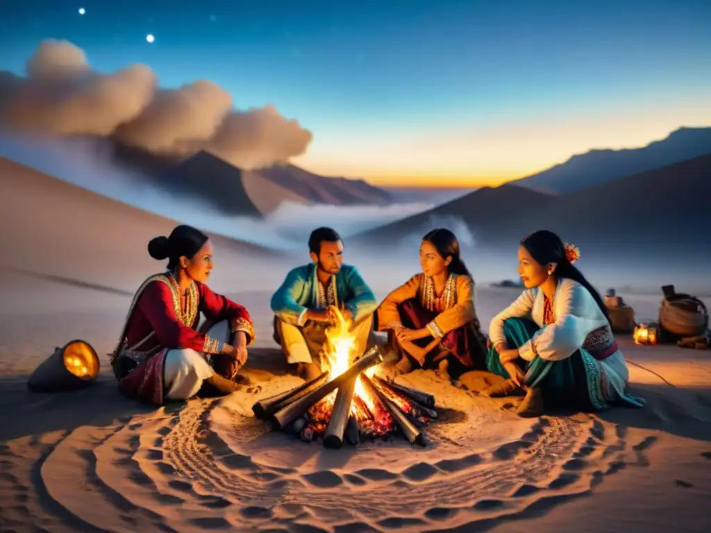 Un grupo de nómadas en vestuario tradicional se reúne alrededor de una fogata bajo un cielo estrellado en el desierto