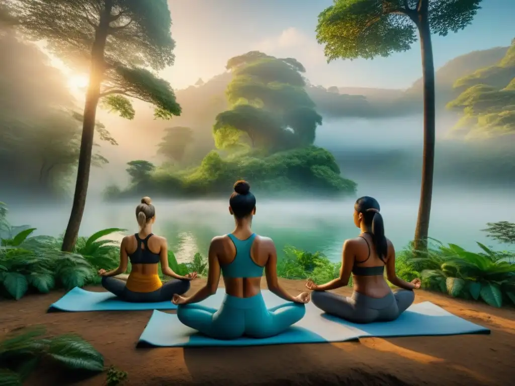 Grupo de nómadas practicando yoga en la naturaleza, reflejando armonía y conexión con la naturaleza