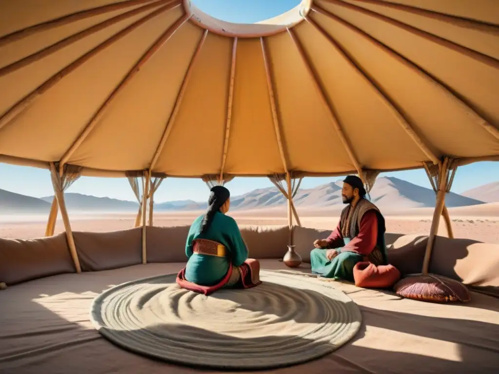 Un grupo de nómadas construyendo una yurta en un desierto árido al atardecer