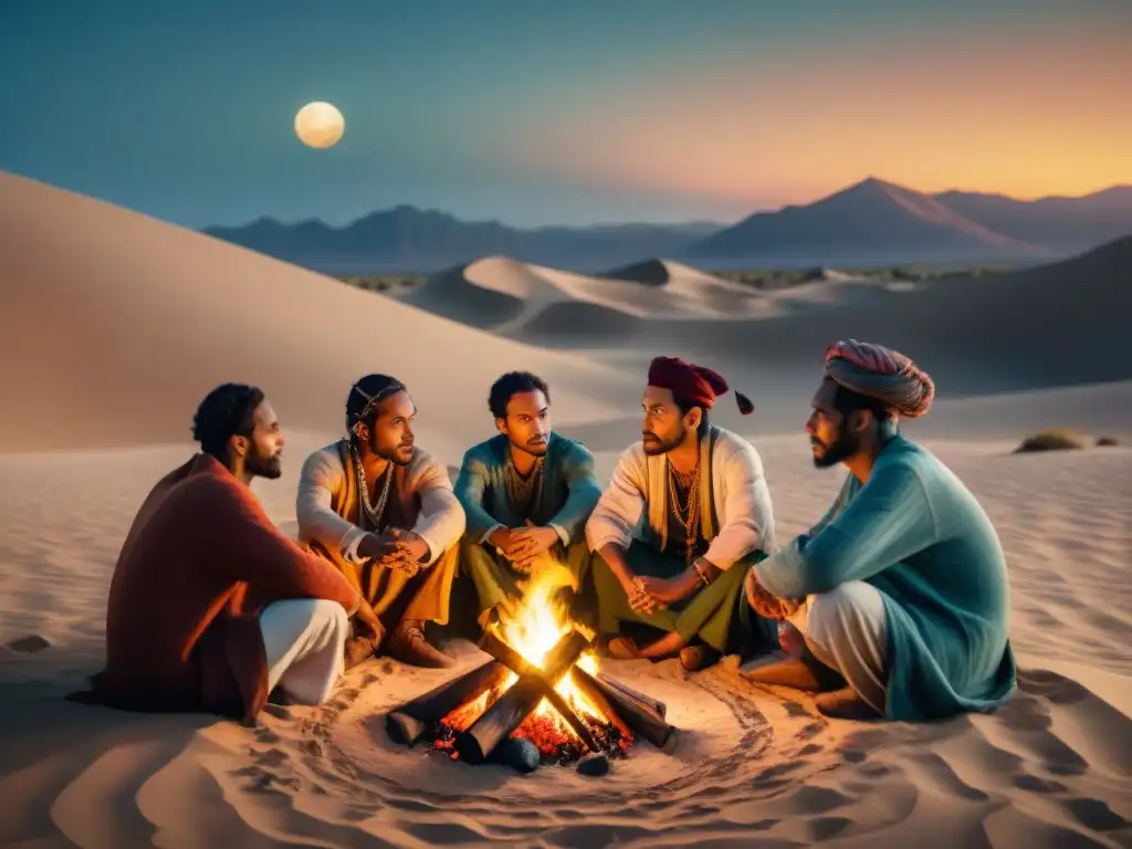 Un grupo de poetas nómadas intercambia historias bajo la luna en un desierto