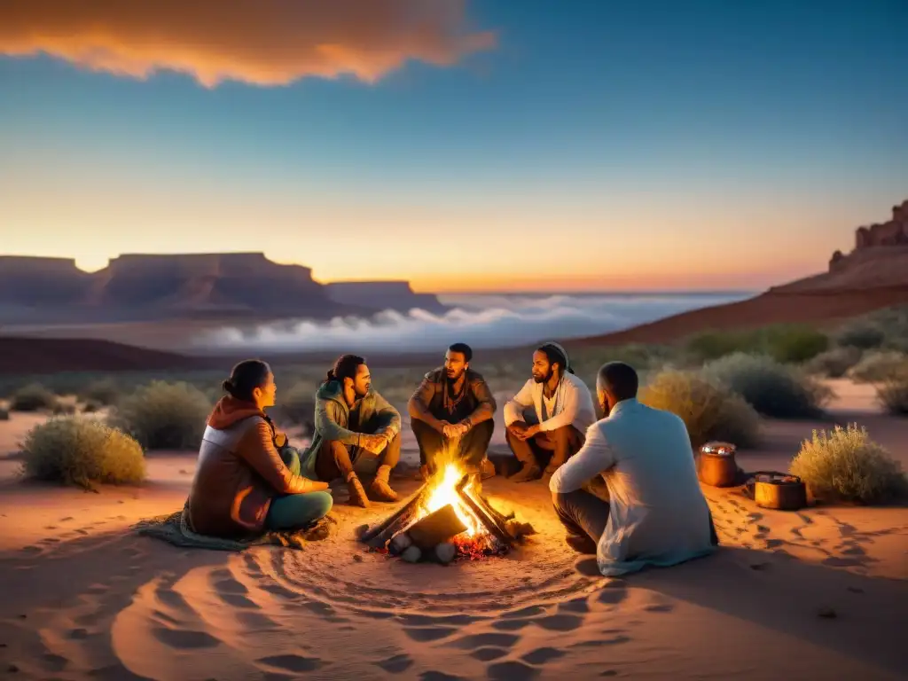 Un grupo de poetas nómadas recitando versos alrededor de una fogata en el desierto, reflejando la resistencia y la adaptación en la literatura nómada