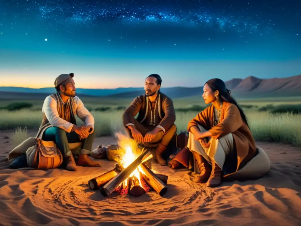 Grupo de poetas tribales nómadas recitando versos alrededor de una fogata en las estepas, capturando la historia y cultura de las tribus