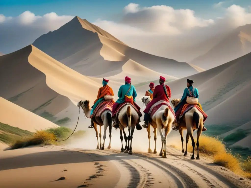 Un grupo de sanadores nómadas viaja en camellos por la histórica Ruta de la Seda, con paisajes majestuosos de fondo