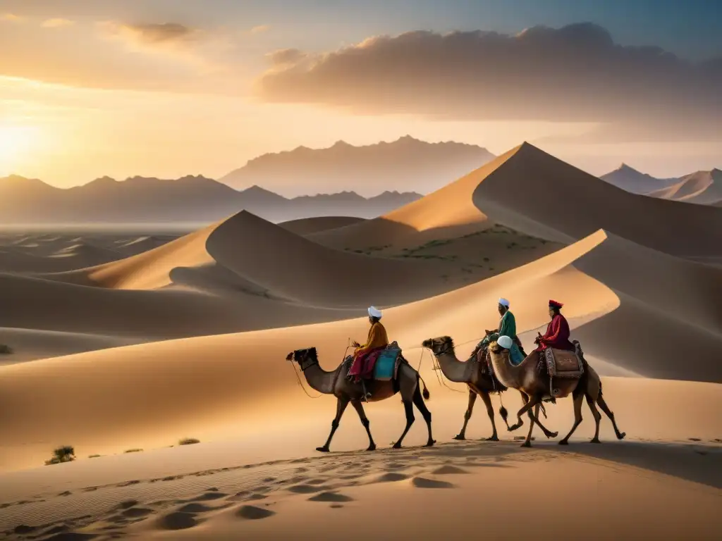 Un grupo de sanadores nómadas viajan en camellos por la Ruta de la Seda al atardecer, cargando hierbas medicinales