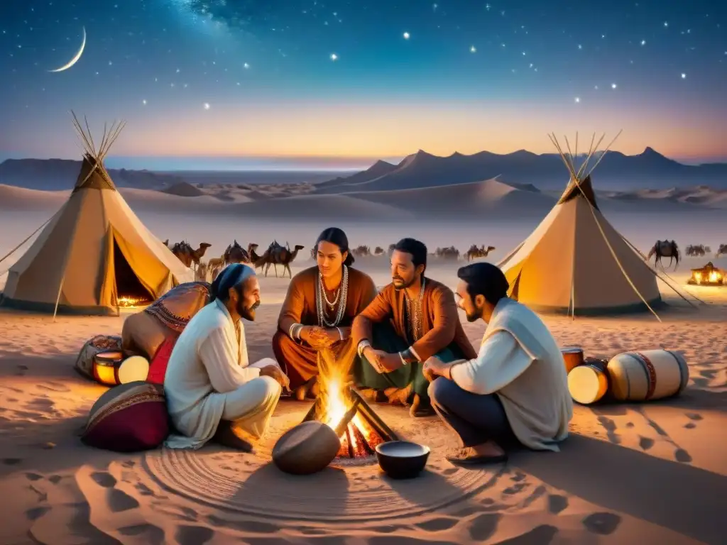 Un grupo de una tribu nómada tocando música tradicional alrededor de una fogata en la noche estrellada del desierto