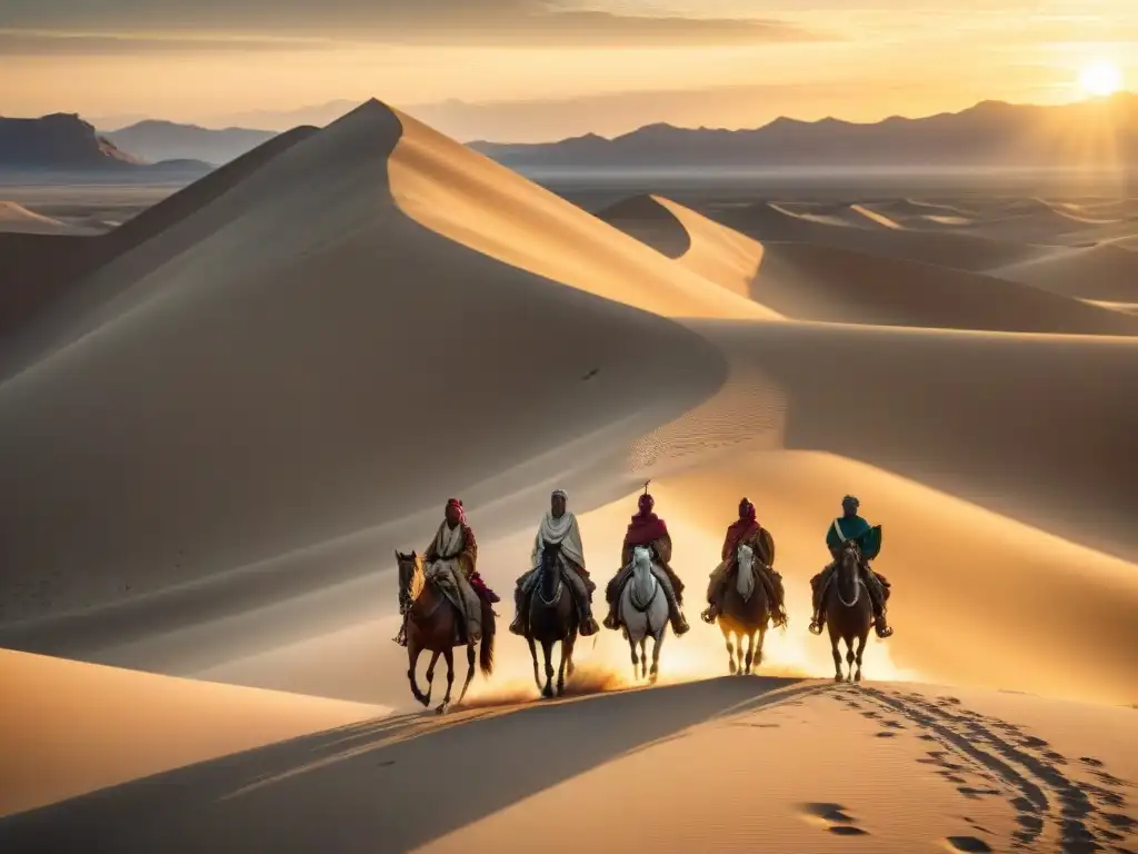 Un grupo de tribus nómadas antiguas cabalgando al atardecer en el desierto