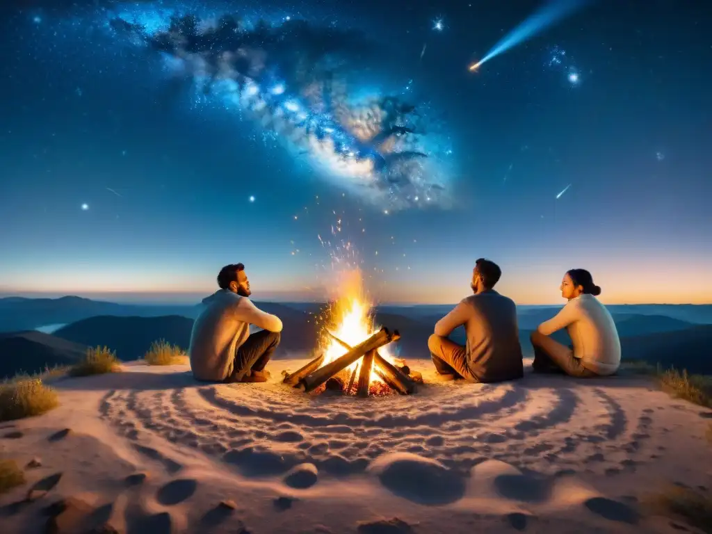 Grupo de tribus nómadas disfrutando de la astronomía bajo un cielo estrellado, iluminados por la magia del fuego