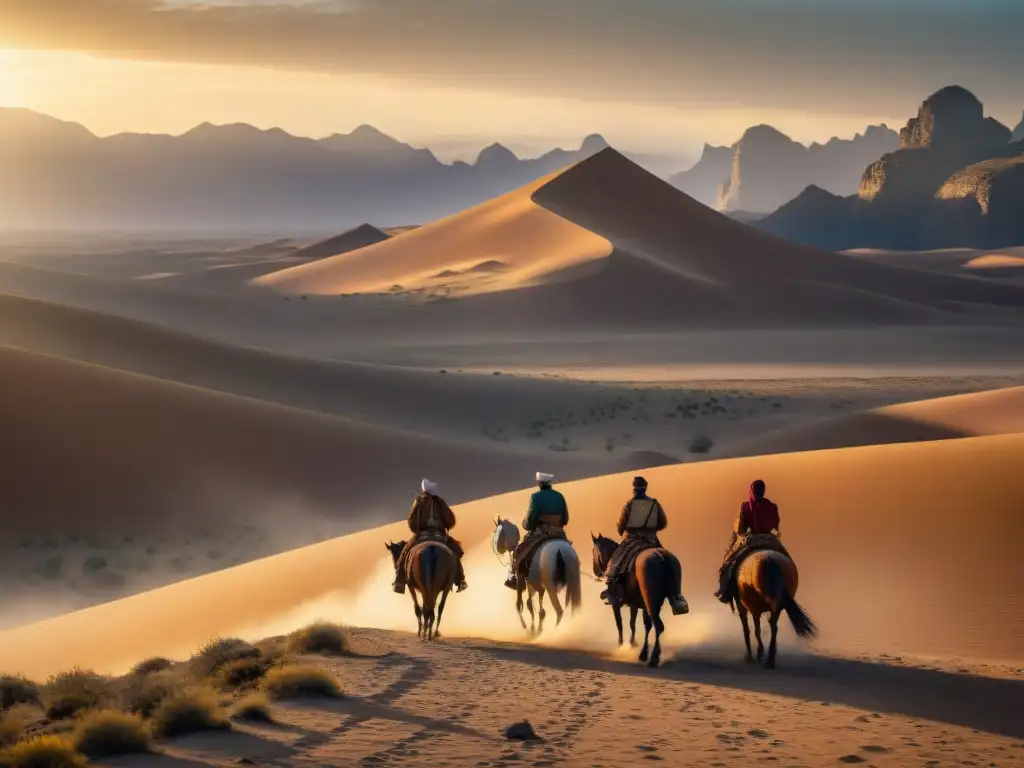 Un grupo de tribus nómadas cabalgando al atardecer en el desierto, mostrando historia y legado