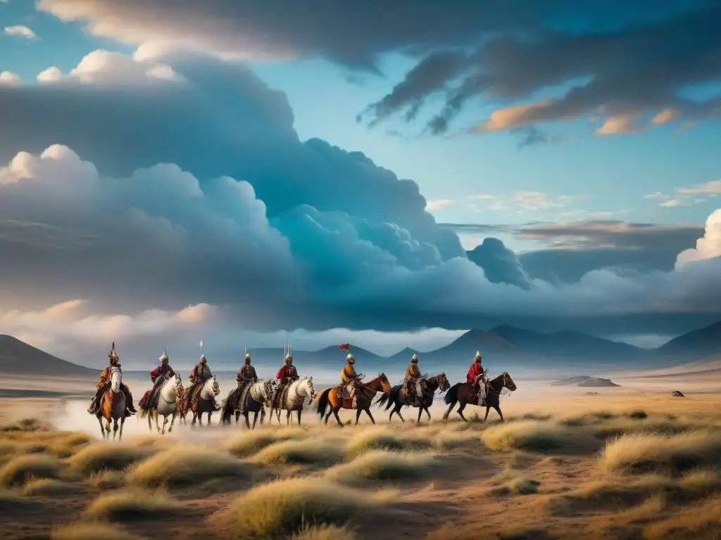 Grupo de tribus nómadas en caballo cruzando la estepa, reflejando su historia y cultura ancestral