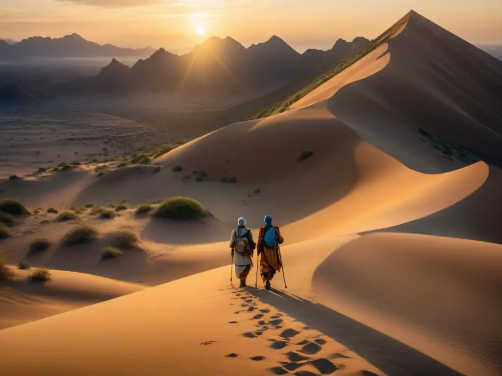 Grupo de tribus nómadas en camello, vestidos tradicionalmente, cruzando desierto al atardecer, mostrando su historia y legado cultural