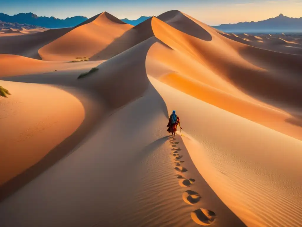 Un grupo de tribus nómadas en camellos atraviesa majestuosas dunas doradas al atardecer, revelando valores éticos tribales