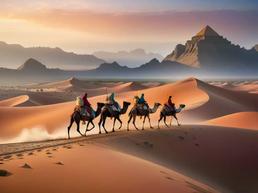 Travesía épica: tribus nómadas en desierto al atardecer Grupo de tribus nómadas montando camellos en desierto al atardecer