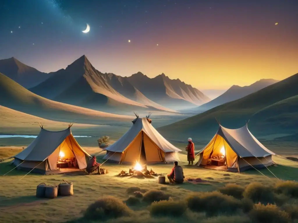 Campamento nómada: unión y tradición en las estepas Un grupo de tribus nómadas monta campamento en las estepas bajo un cielo estrellado, destacando la importancia del equipo en la exploración