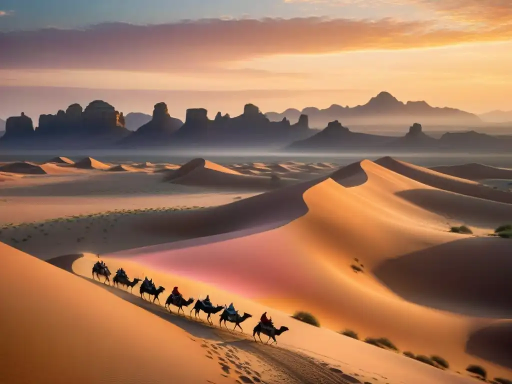 Un grupo de tribus nómadas en caravana recorriendo un desierto al atardecer, mostrando movimientos contemporáneos vida nómada