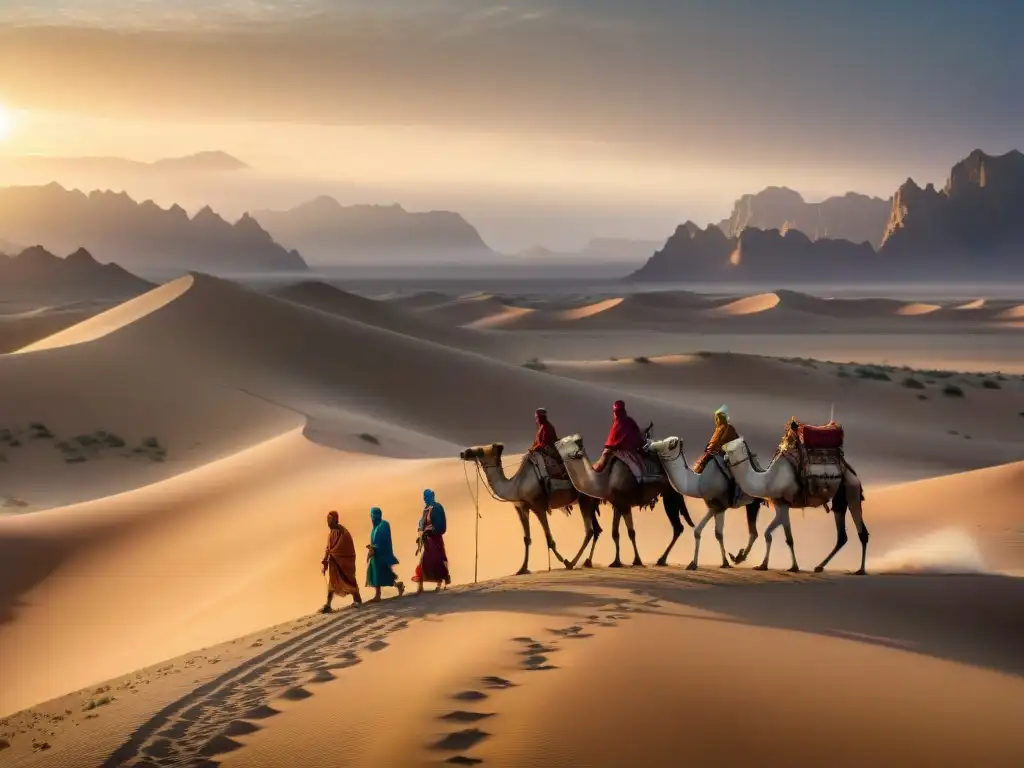 Grupo de tribus nómadas liderando caravana de camellos en la navegación terrestre por el desierto al atardecer