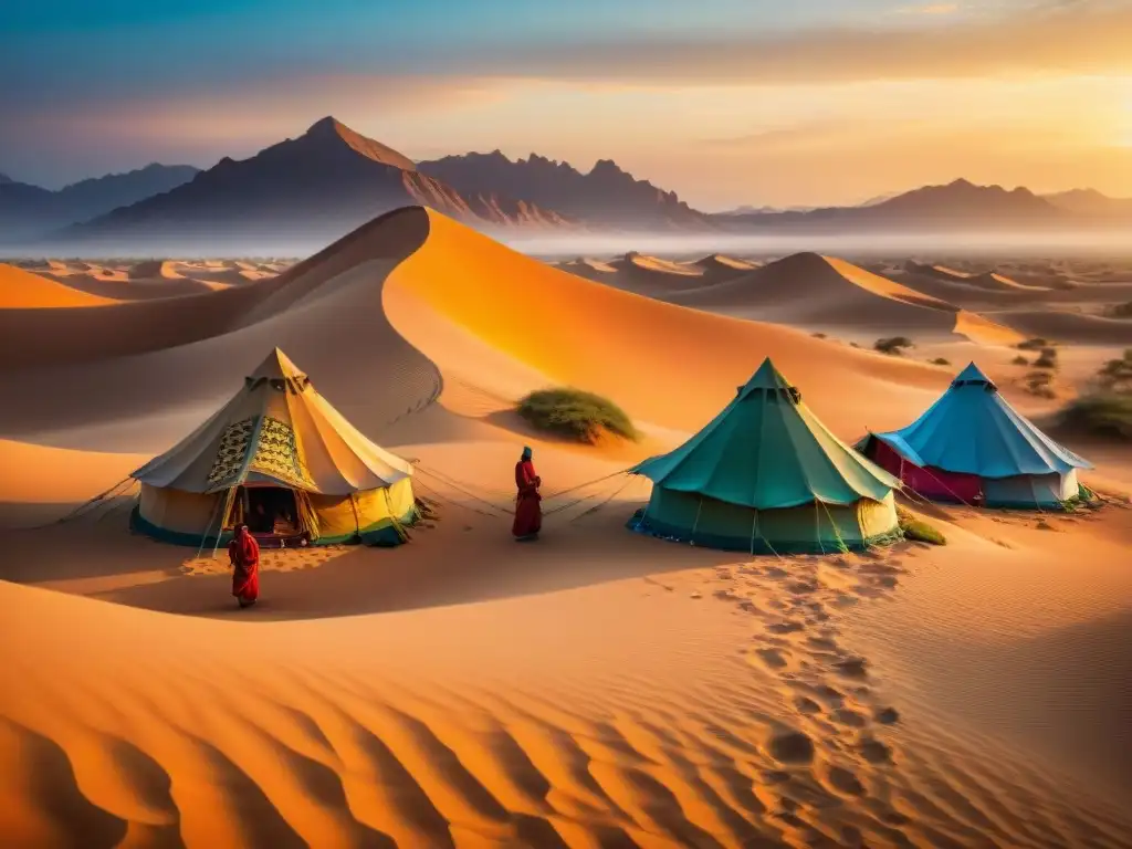 Un grupo de tribus nómadas montando sus coloridas tiendas en el desierto dorado al atardecer