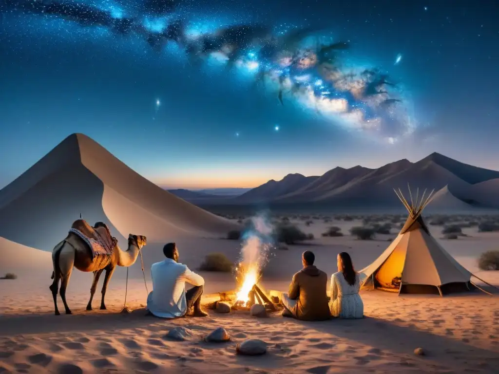 Un grupo de tribus nómadas señala constelaciones bajo un cielo estrellado en el desierto