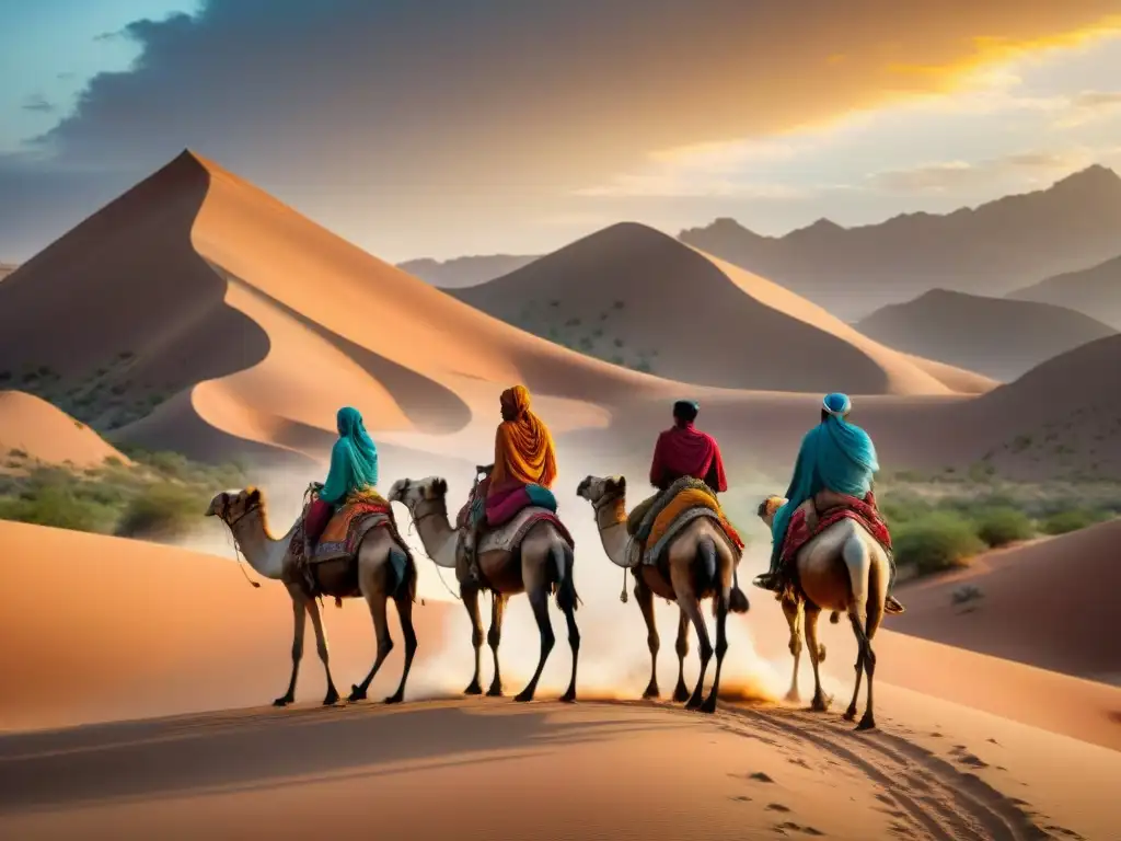 Un grupo de tribus nómadas cruzando un desierto al atardecer, revelando secretos de supervivencia