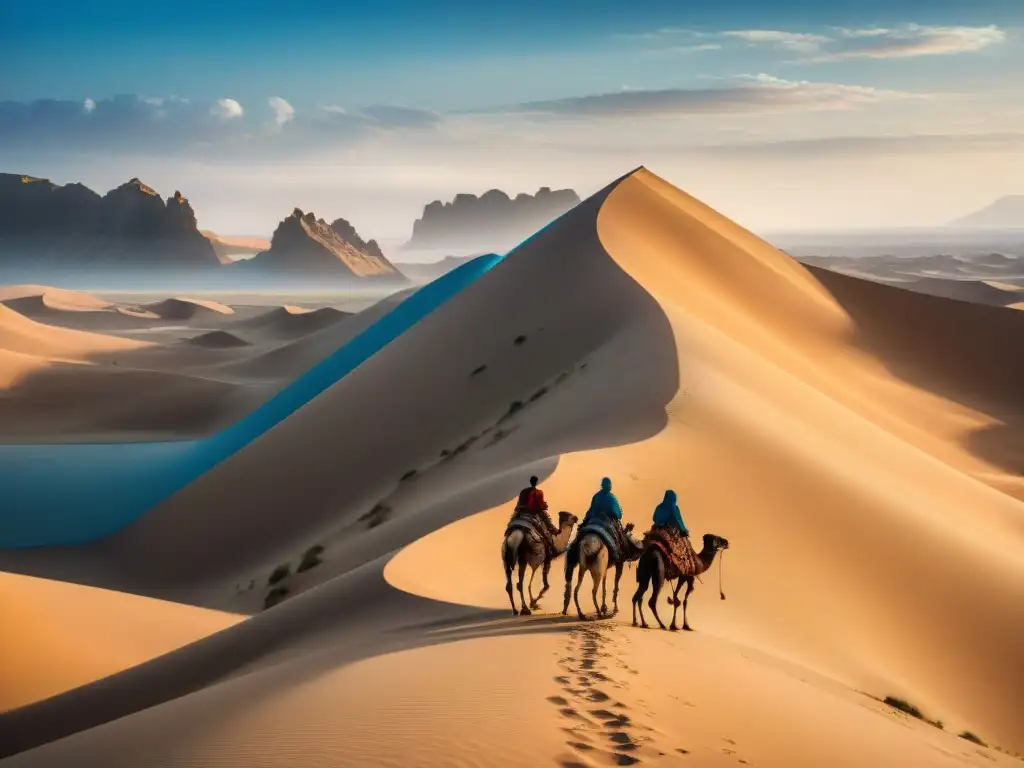 Un grupo de tribus nómadas recorriendo un desierto, cargando camellos y vestidos con atuendos tradicionales