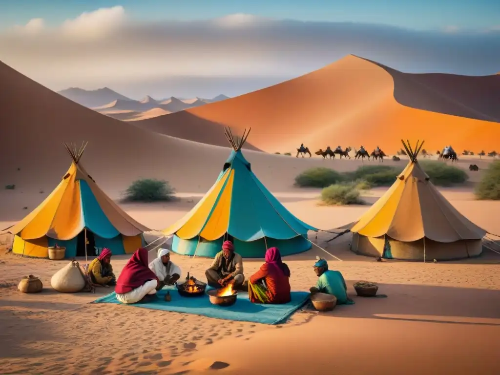 Un grupo de tribus nómadas en el desierto, cocinando, cuidando animales y compartiendo historias bajo un cielo estrellado