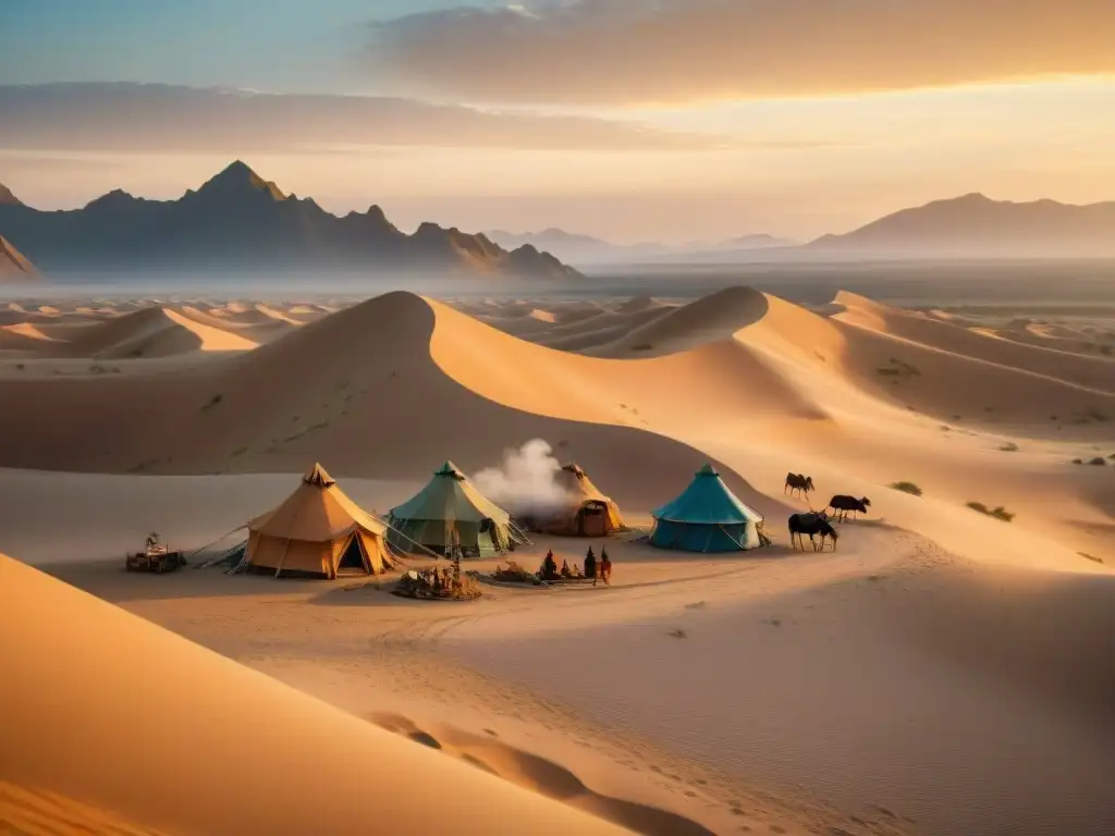 Un grupo de tribus nómadas en el desierto, demostrando métodos no invasivos de vida en armonía con la naturaleza