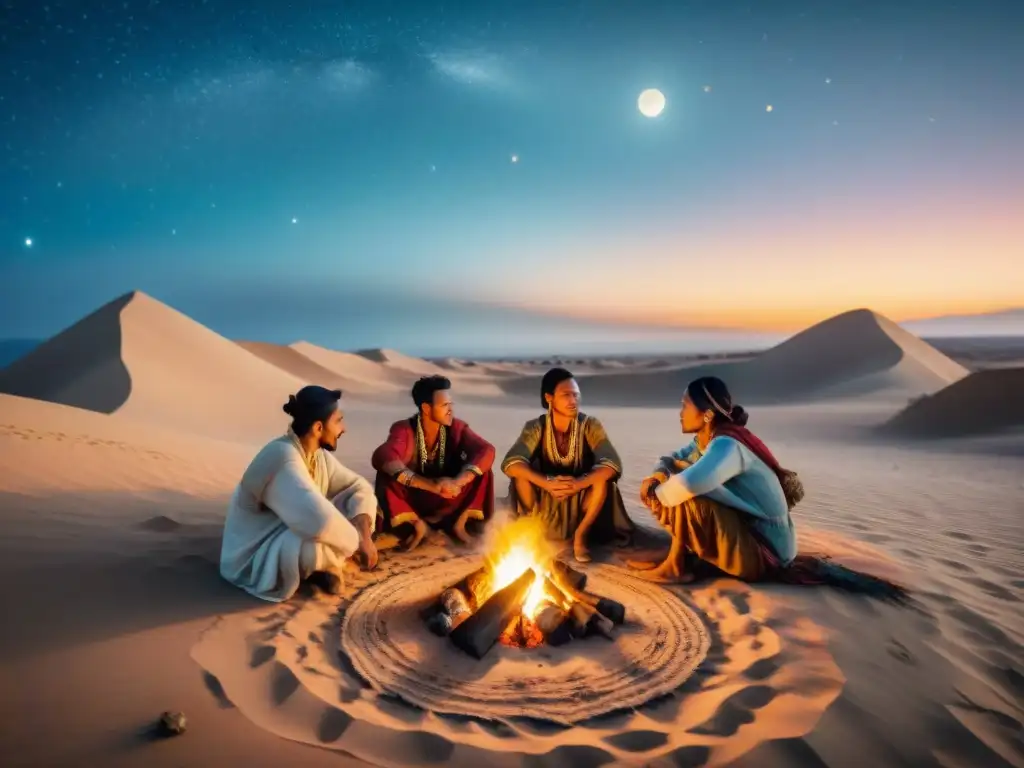 Grupo de tribus nómadas en desierto, conservando su legado bajo un cielo estrellado y la luz de la luna llena