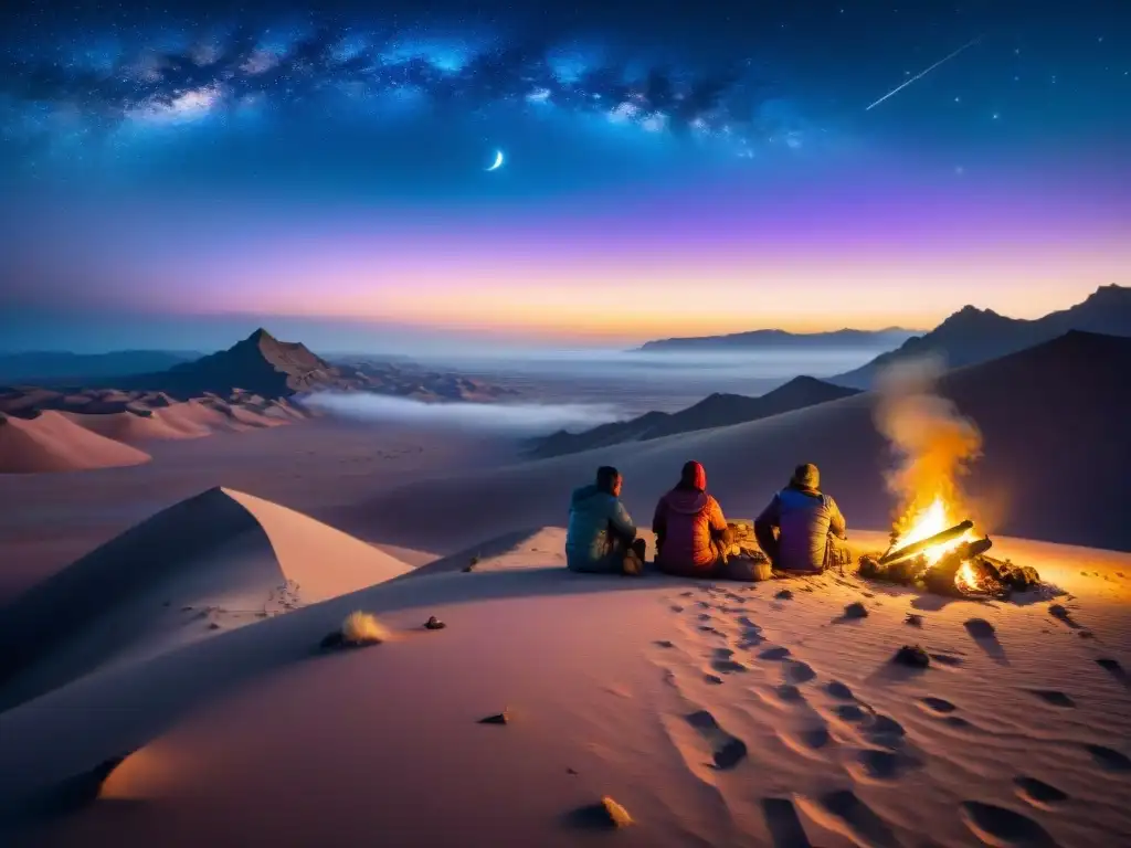 Travesía nocturna de tribus nómadas en desierto estrellado Un grupo de tribus nómadas atraviesa un desierto bajo un cielo estrellado