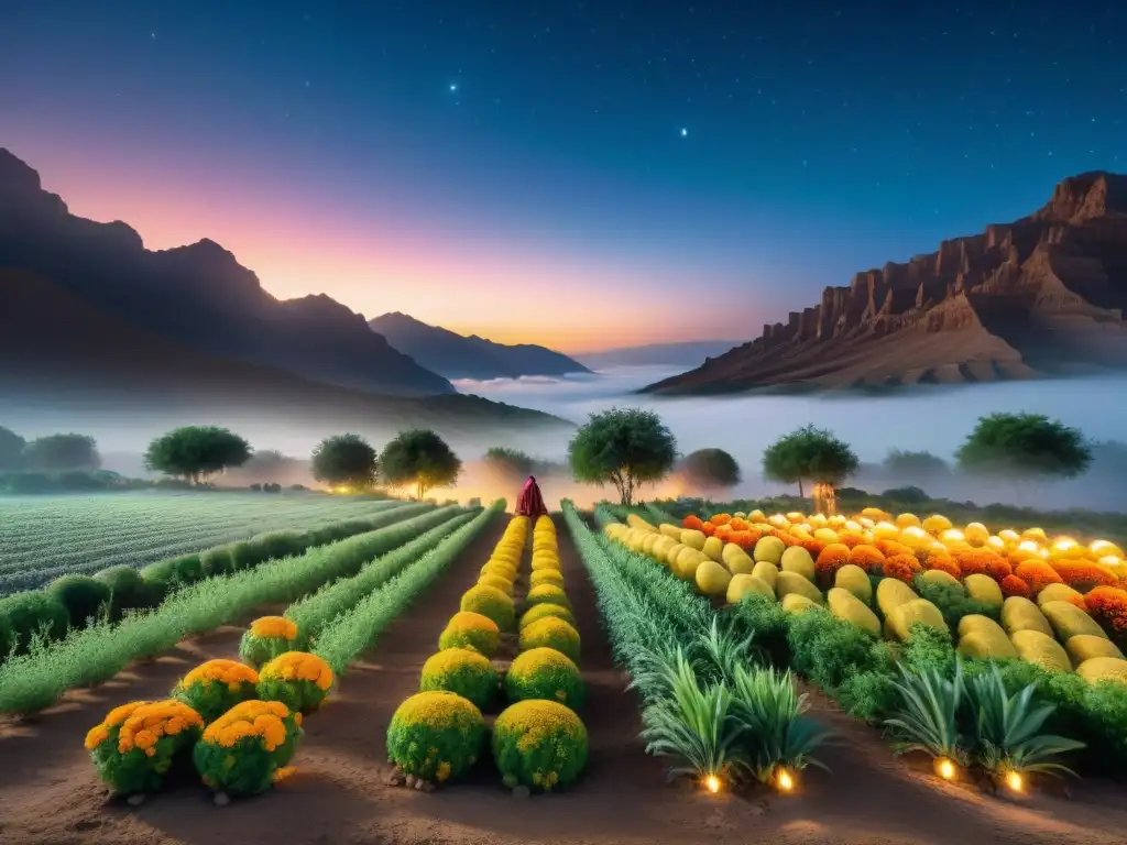 Grupo de tribus nómadas cuidando un jardín en el desierto, mostrando técnicas agrícolas tribus nómadas