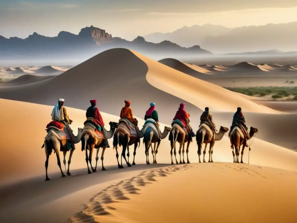 Un grupo de tribus nómadas atraviesa un desierto, reflejando la influencia en la sociedad contemporánea