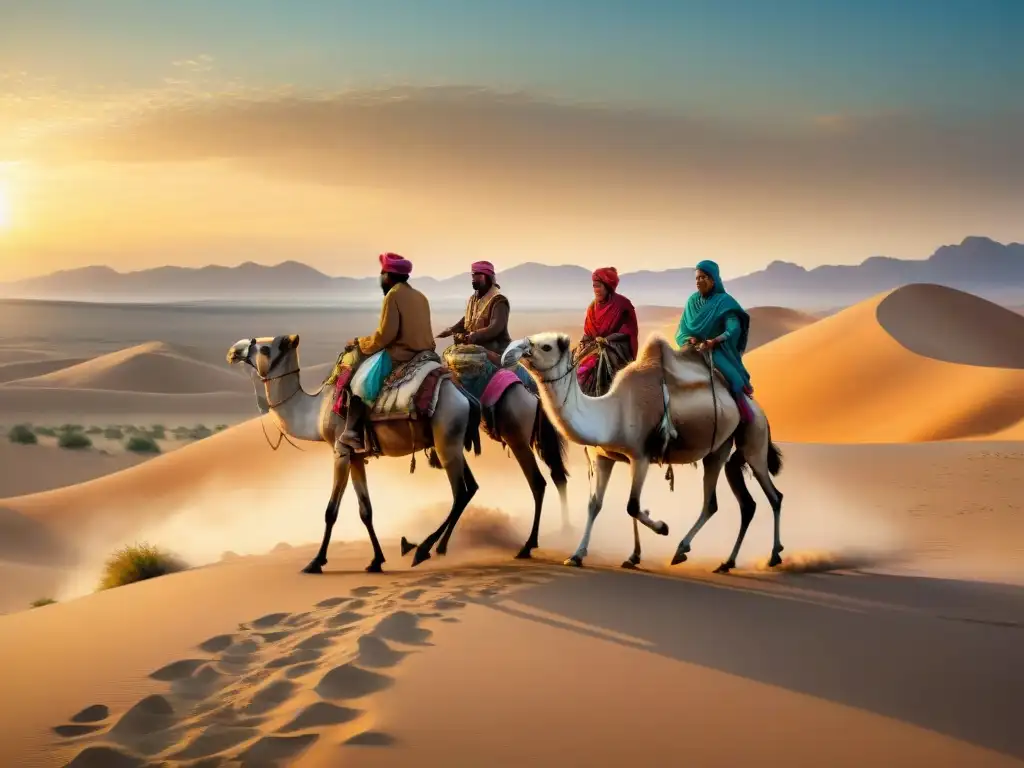 Un grupo de tribus nómadas en el desierto al atardecer, realizando actividades y recolectando información de su entorno