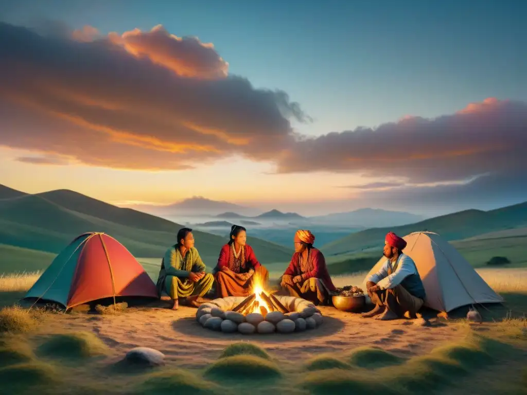 Grupo de tribus nómadas en las estepas de Asia, mostrando su cultura y armonía con la naturaleza al atardecer