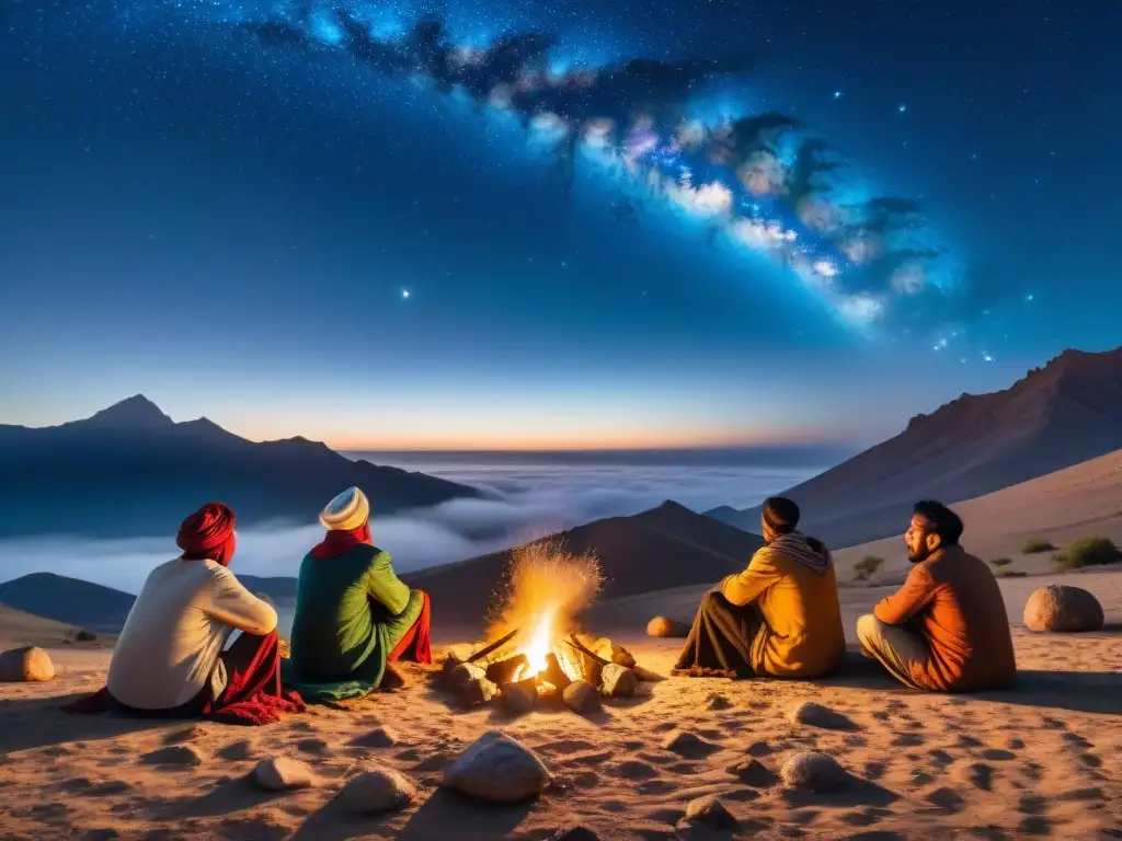Un grupo de tribus nómadas contempla eventos celestiales en una noche estrellada llena de maravilla y sabiduría