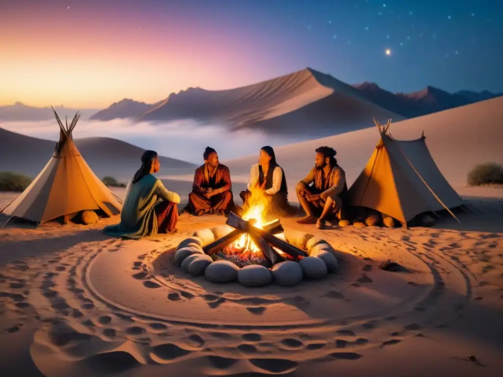 Un grupo de tribus nómadas se reúne alrededor de una fogata, tocando instrumentos ancestrales bajo las estrellas